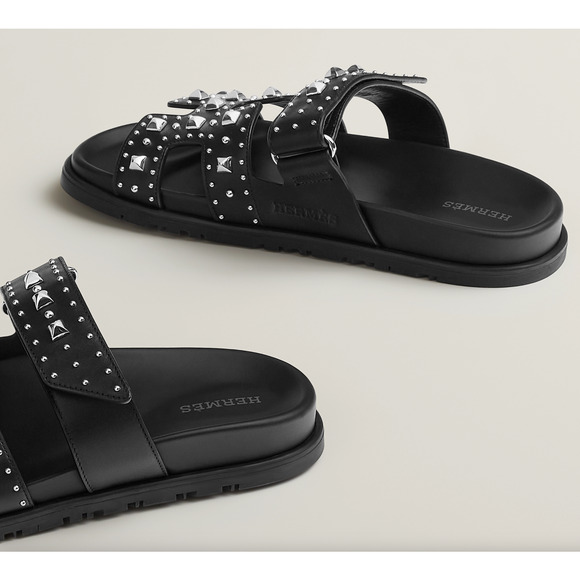 Hermes Chypre Sandal Black Studded Stud Punk Rock H Logo Strap Slide Flat 39 - Picture 11 of 16
